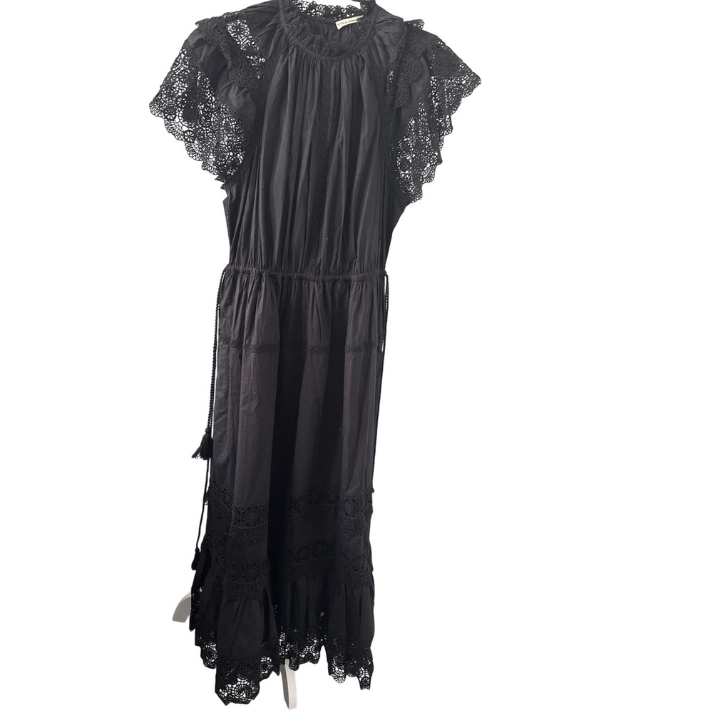 Ulla Johnson Black Cotton Eyelet Lace Flutter Sleeve Midi Dress Size 10
